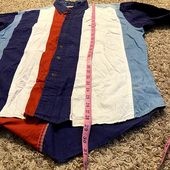 Chaps Mens Large Long Sleeve Stripes Collared Color Block Red White Blue - Picture 9 of 9